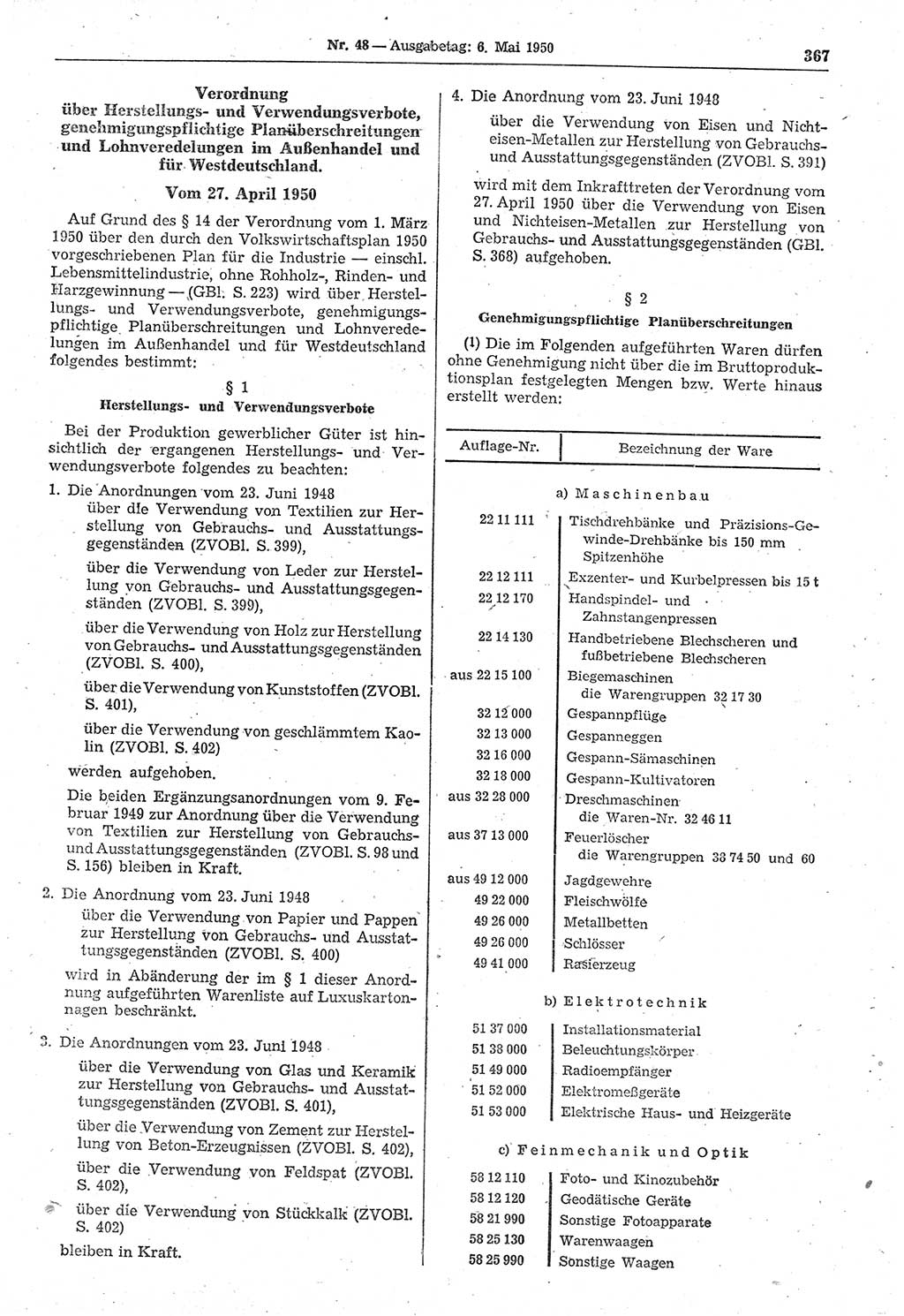 Gesetzblatt (GBl.) der Deutschen Demokratischen Republik (DDR) 1950, Seite 367 (GBl. DDR 1950, S. 367)