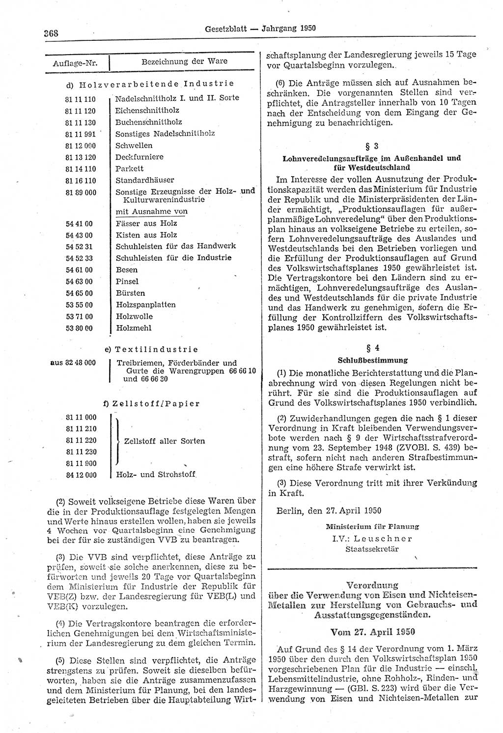 Gesetzblatt (GBl.) der Deutschen Demokratischen Republik (DDR) 1950, Seite 368 (GBl. DDR 1950, S. 368)