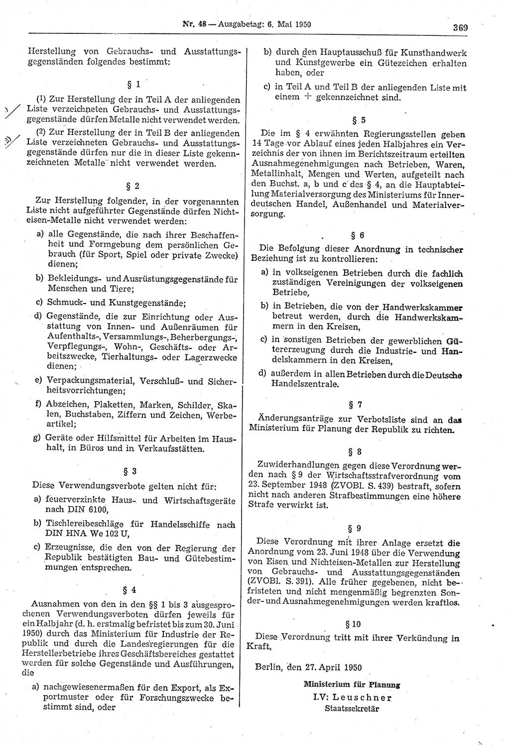 Gesetzblatt (GBl.) der Deutschen Demokratischen Republik (DDR) 1950, Seite 369 (GBl. DDR 1950, S. 369)