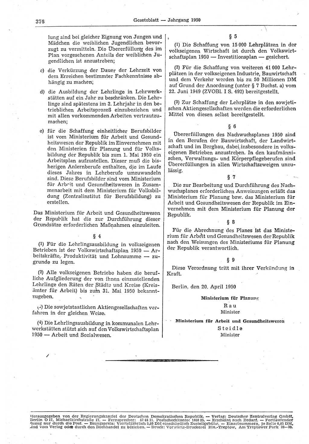 Gesetzblatt (GBl.) der Deutschen Demokratischen Republik (DDR) 1950, Seite 376 (GBl. DDR 1950, S. 376)