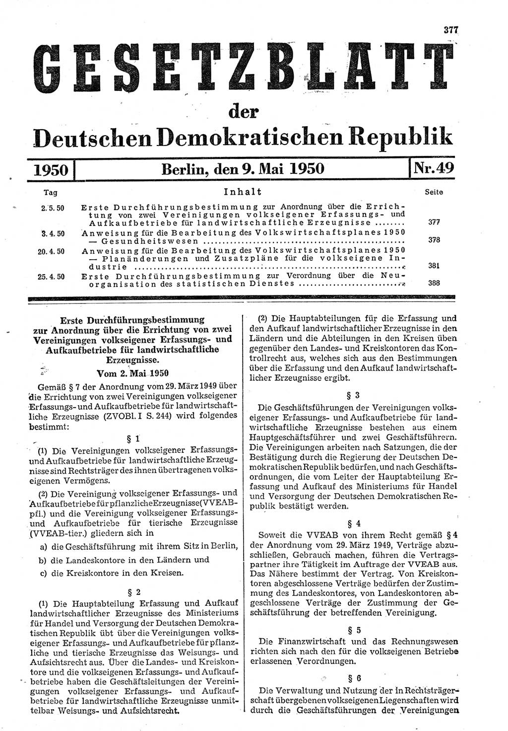Gesetzblatt (GBl.) der Deutschen Demokratischen Republik (DDR) 1950, Seite 377 (GBl. DDR 1950, S. 377)
