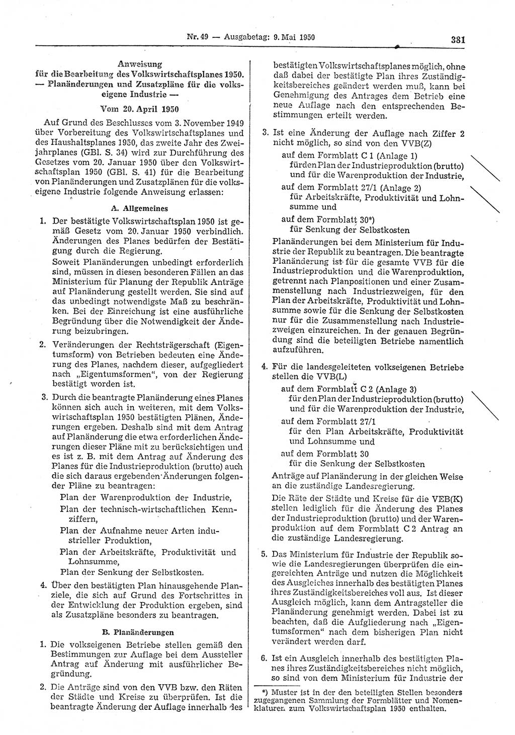 Gesetzblatt (GBl.) der Deutschen Demokratischen Republik (DDR) 1950, Seite 381 (GBl. DDR 1950, S. 381)