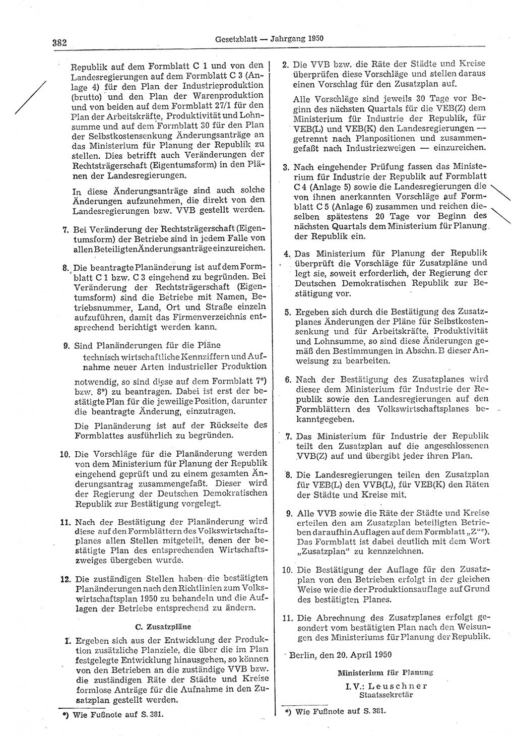 Gesetzblatt (GBl.) der Deutschen Demokratischen Republik (DDR) 1950, Seite 382 (GBl. DDR 1950, S. 382)