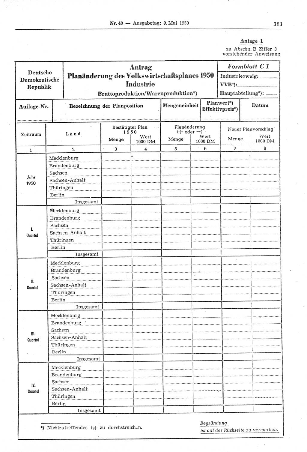 Gesetzblatt (GBl.) der Deutschen Demokratischen Republik (DDR) 1950, Seite 383 (GBl. DDR 1950, S. 383)