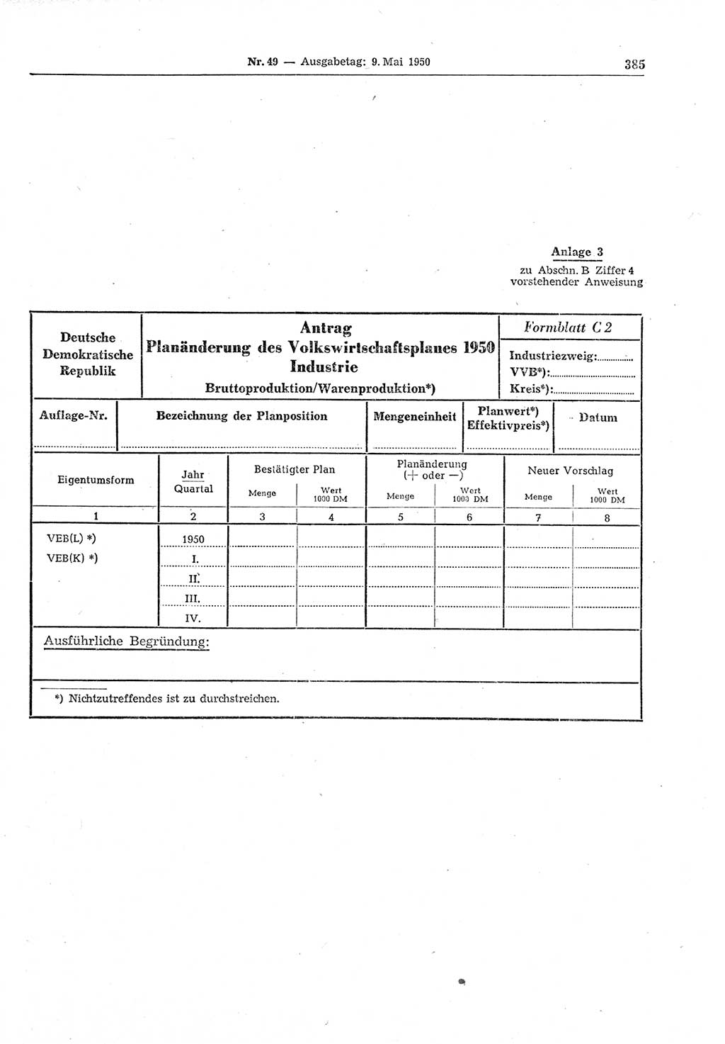Gesetzblatt (GBl.) der Deutschen Demokratischen Republik (DDR) 1950, Seite 385 (GBl. DDR 1950, S. 385)