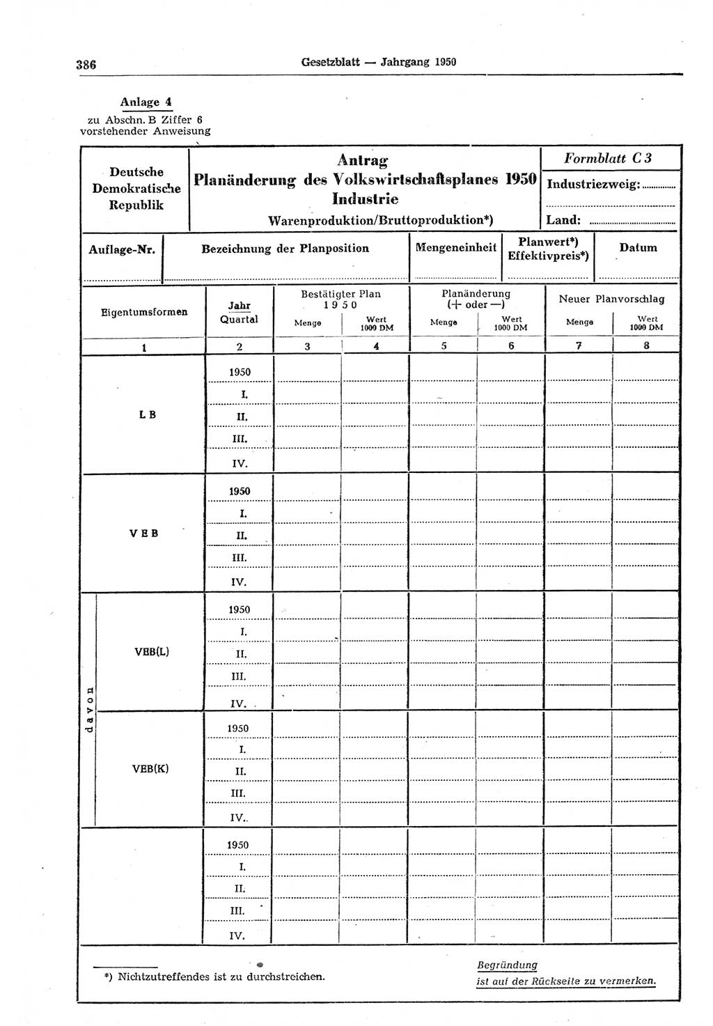 Gesetzblatt (GBl.) der Deutschen Demokratischen Republik (DDR) 1950, Seite 386 (GBl. DDR 1950, S. 386)