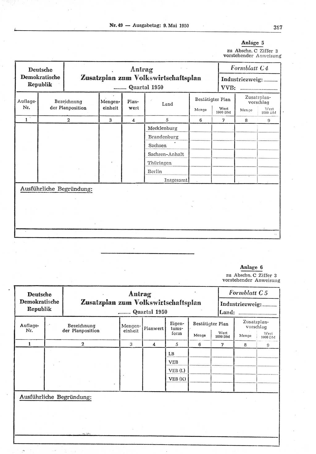 Gesetzblatt (GBl.) der Deutschen Demokratischen Republik (DDR) 1950, Seite 387 (GBl. DDR 1950, S. 387)