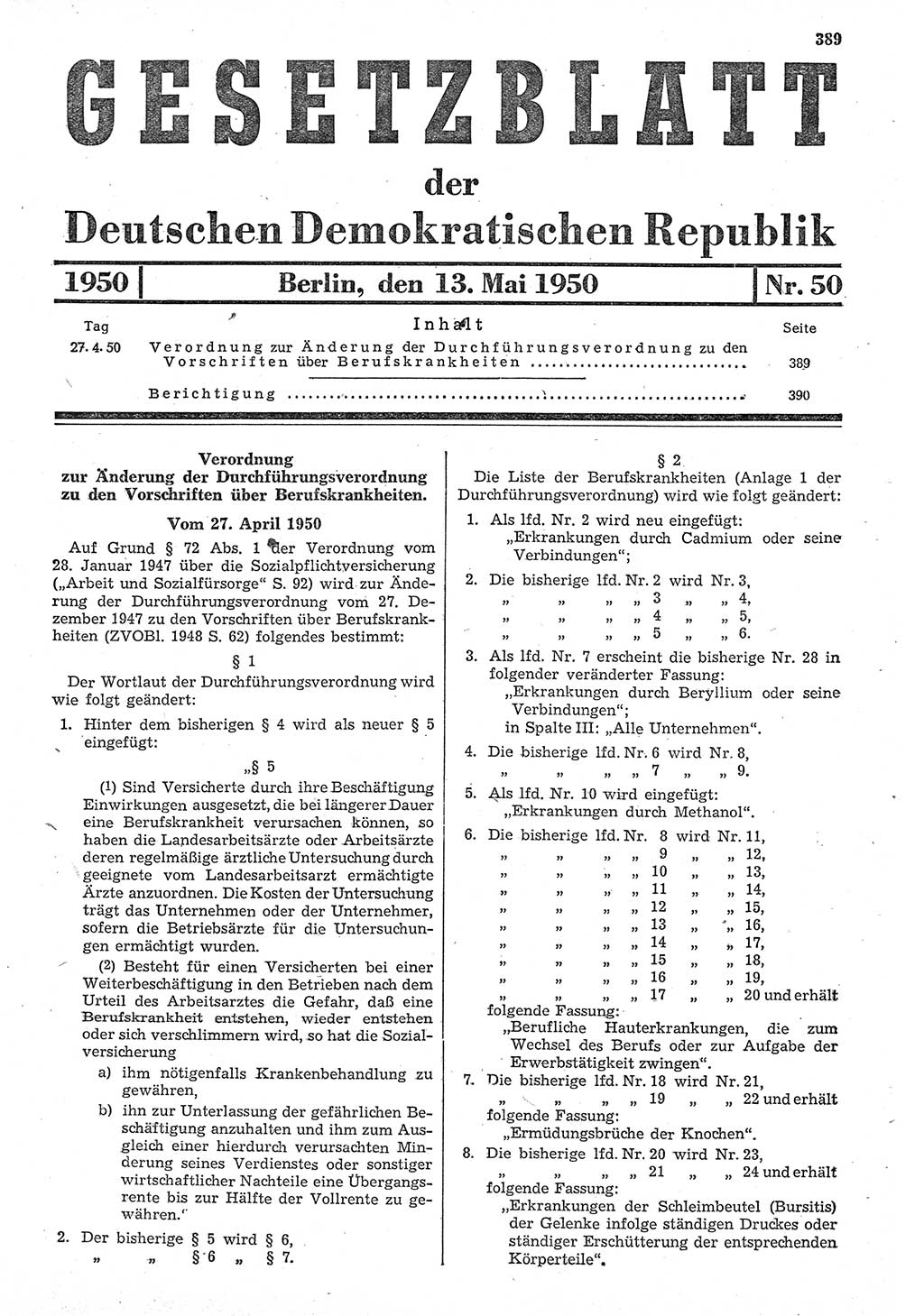 Gesetzblatt (GBl.) der Deutschen Demokratischen Republik (DDR) 1950, Seite 389 (GBl. DDR 1950, S. 389)