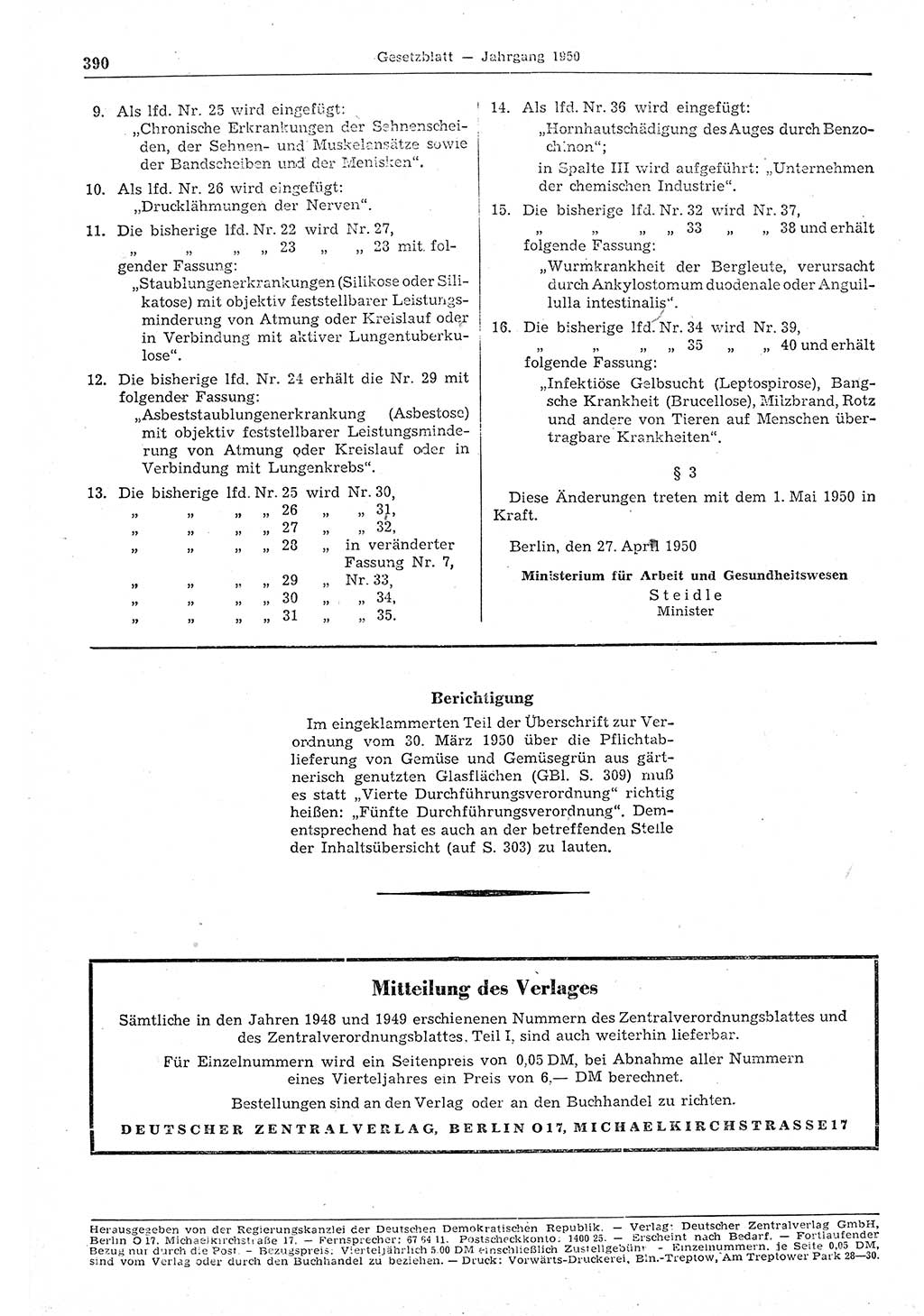 Gesetzblatt (GBl.) der Deutschen Demokratischen Republik (DDR) 1950, Seite 390 (GBl. DDR 1950, S. 390)