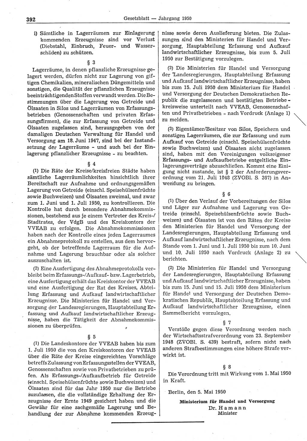 Gesetzblatt (GBl.) der Deutschen Demokratischen Republik (DDR) 1950, Seite 392 (GBl. DDR 1950, S. 392)