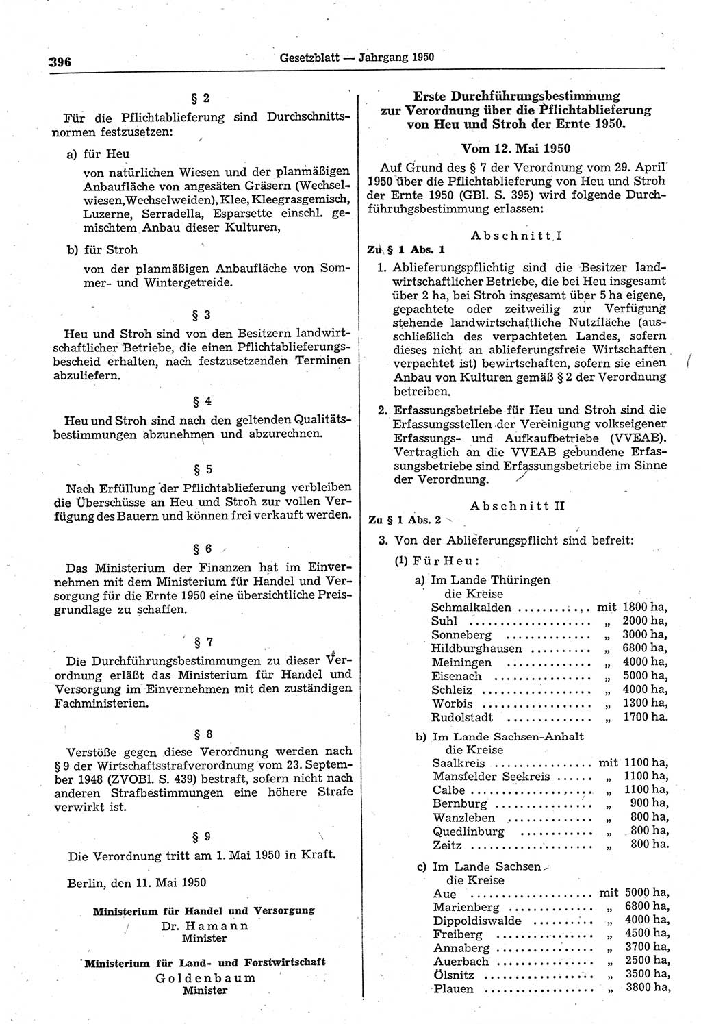 Gesetzblatt (GBl.) der Deutschen Demokratischen Republik (DDR) 1950, Seite 396 (GBl. DDR 1950, S. 396)