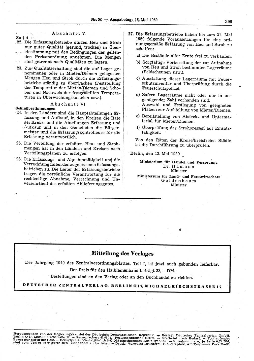 Gesetzblatt (GBl.) der Deutschen Demokratischen Republik (DDR) 1950, Seite 399 (GBl. DDR 1950, S. 399)