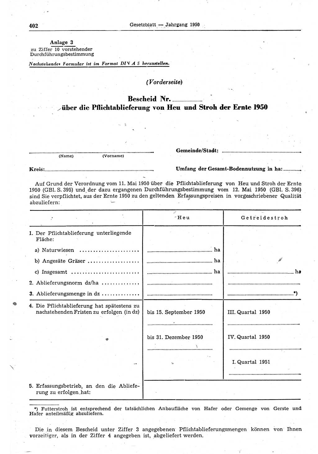 Gesetzblatt (GBl.) der Deutschen Demokratischen Republik (DDR) 1950, Seite 402 (GBl. DDR 1950, S. 402)