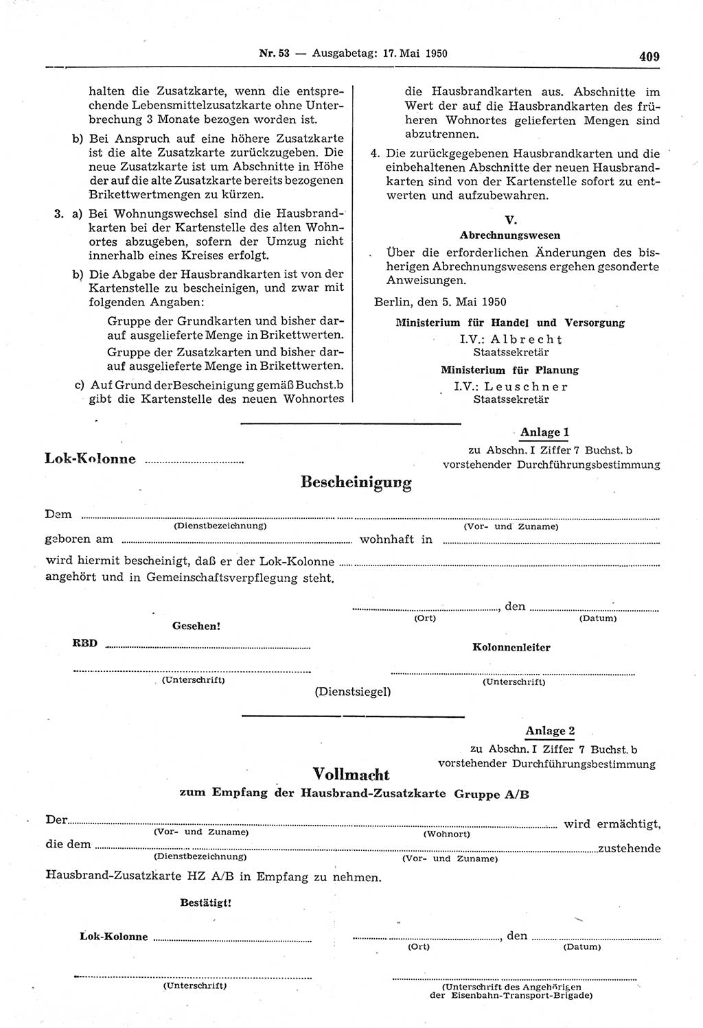 Gesetzblatt (GBl.) der Deutschen Demokratischen Republik (DDR) 1950, Seite 409 (GBl. DDR 1950, S. 409)