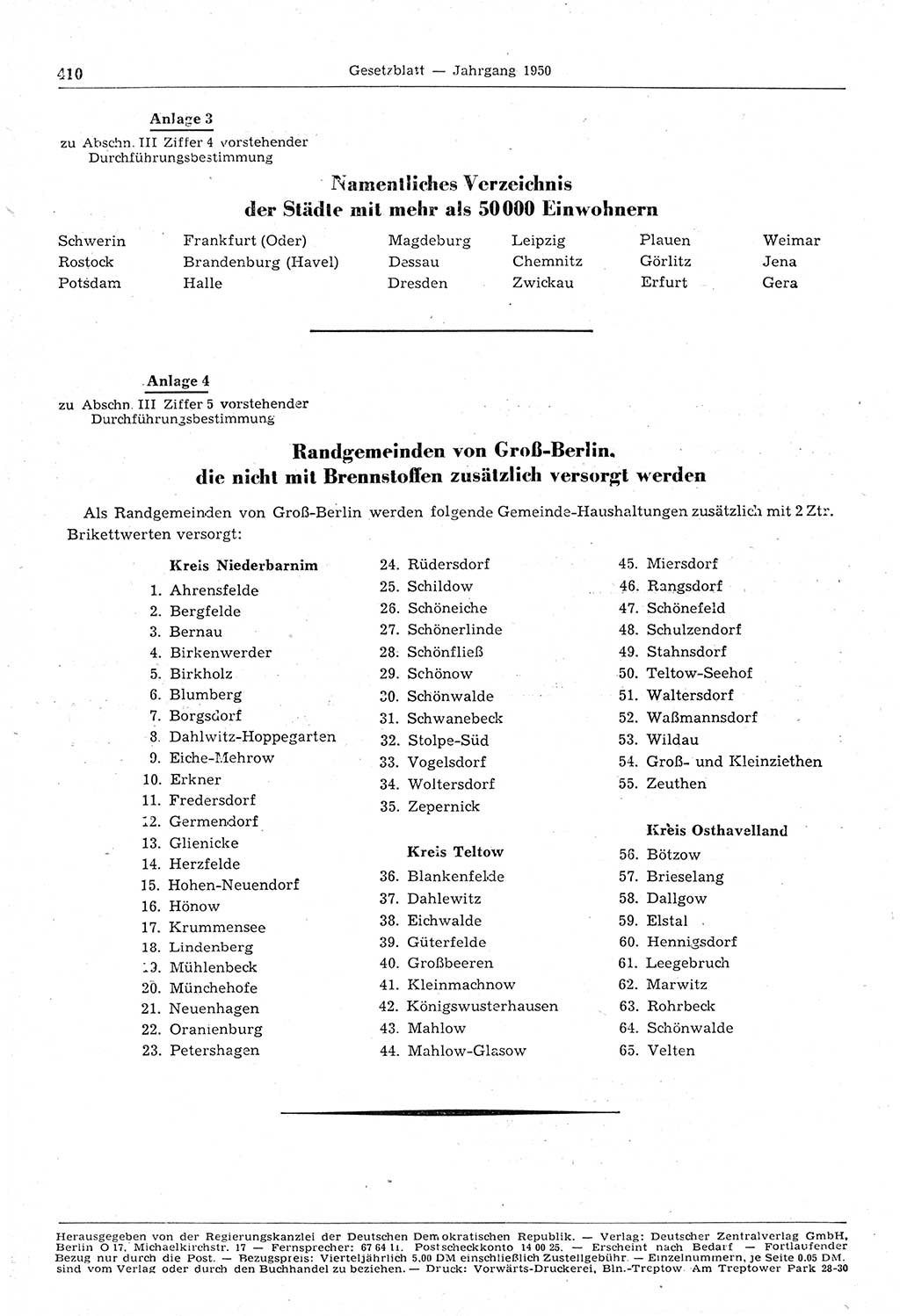 Gesetzblatt (GBl.) der Deutschen Demokratischen Republik (DDR) 1950, Seite 410 (GBl. DDR 1950, S. 410)