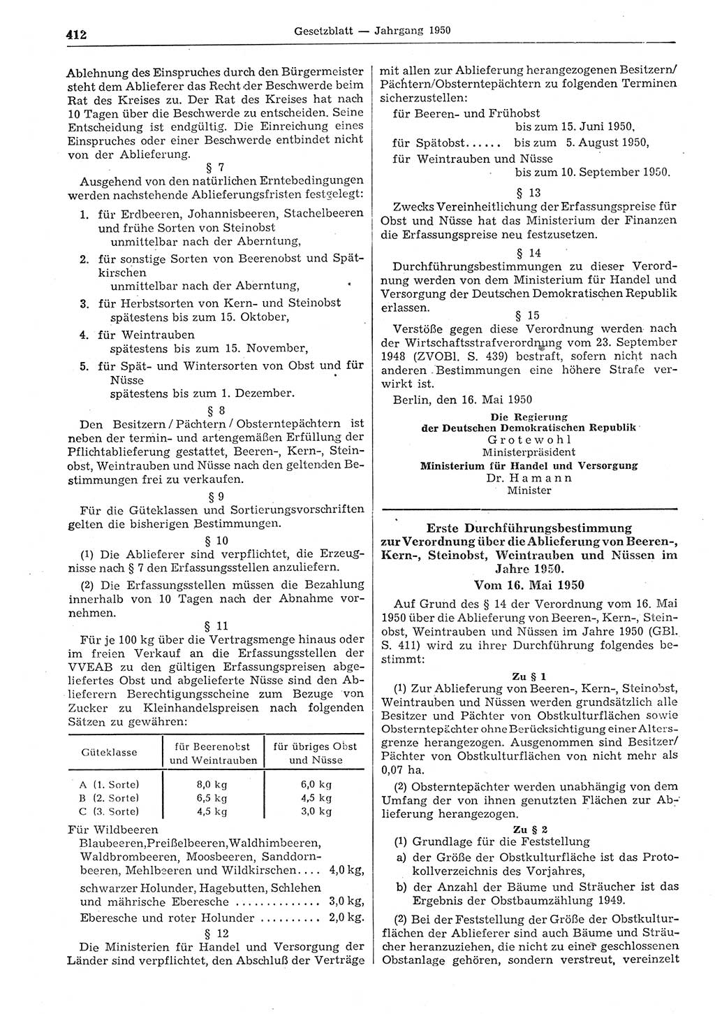 Gesetzblatt (GBl.) der Deutschen Demokratischen Republik (DDR) 1950, Seite 412 (GBl. DDR 1950, S. 412)