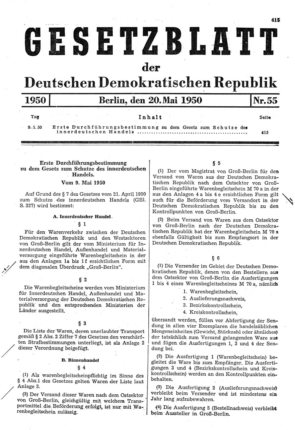 Gesetzblatt (GBl.) der Deutschen Demokratischen Republik (DDR) 1950, Seite 415 (GBl. DDR 1950, S. 415)