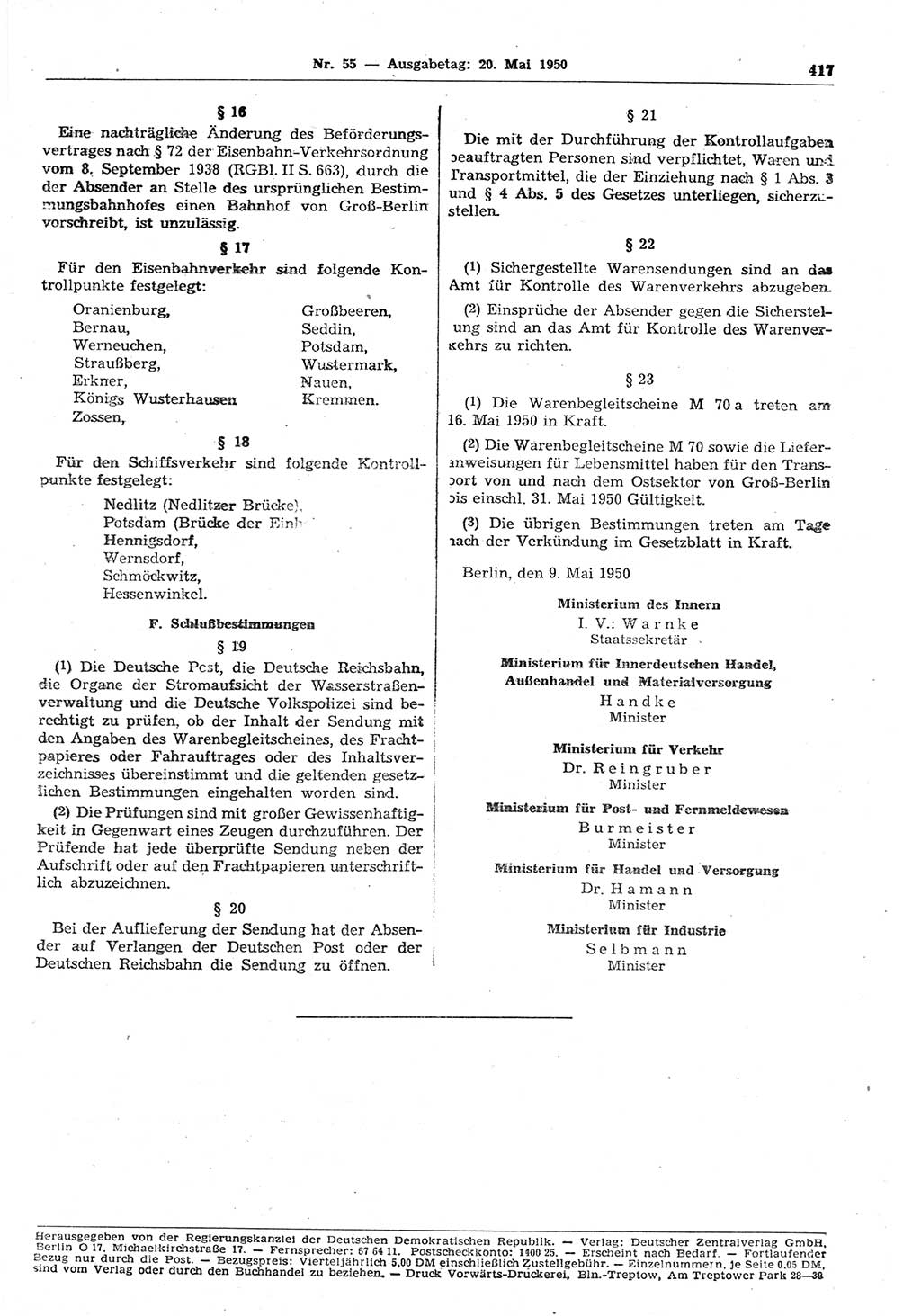 Gesetzblatt (GBl.) der Deutschen Demokratischen Republik (DDR) 1950, Seite 417 (GBl. DDR 1950, S. 417)