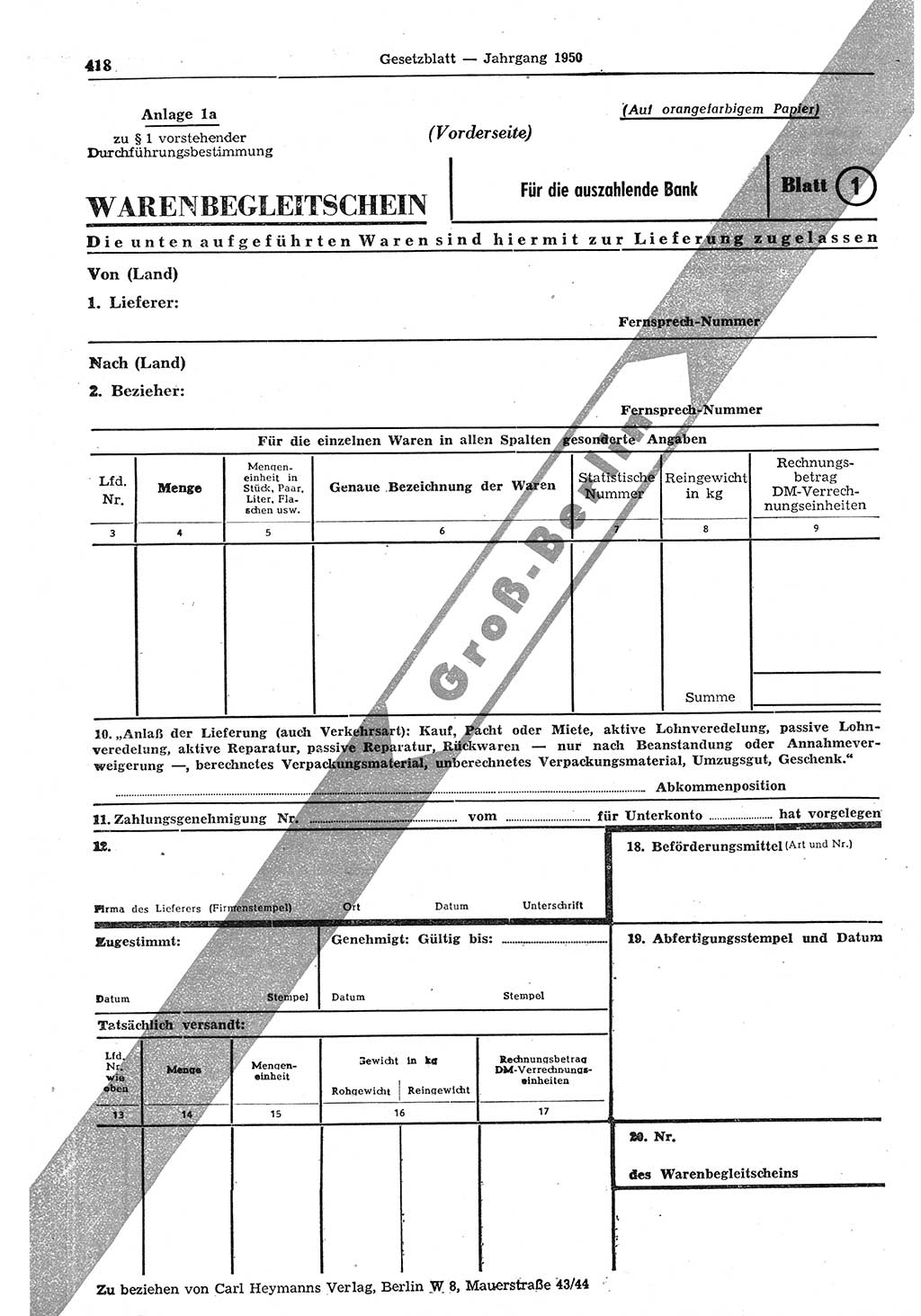 Gesetzblatt (GBl.) der Deutschen Demokratischen Republik (DDR) 1950, Seite 418 (GBl. DDR 1950, S. 418)