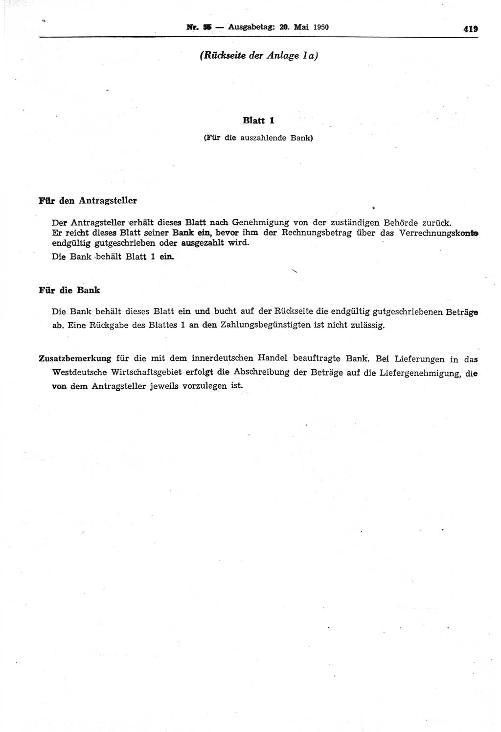 Gesetzblatt (GBl.) der Deutschen Demokratischen Republik (DDR) 1950, Seite 419 (GBl. DDR 1950, S. 419)