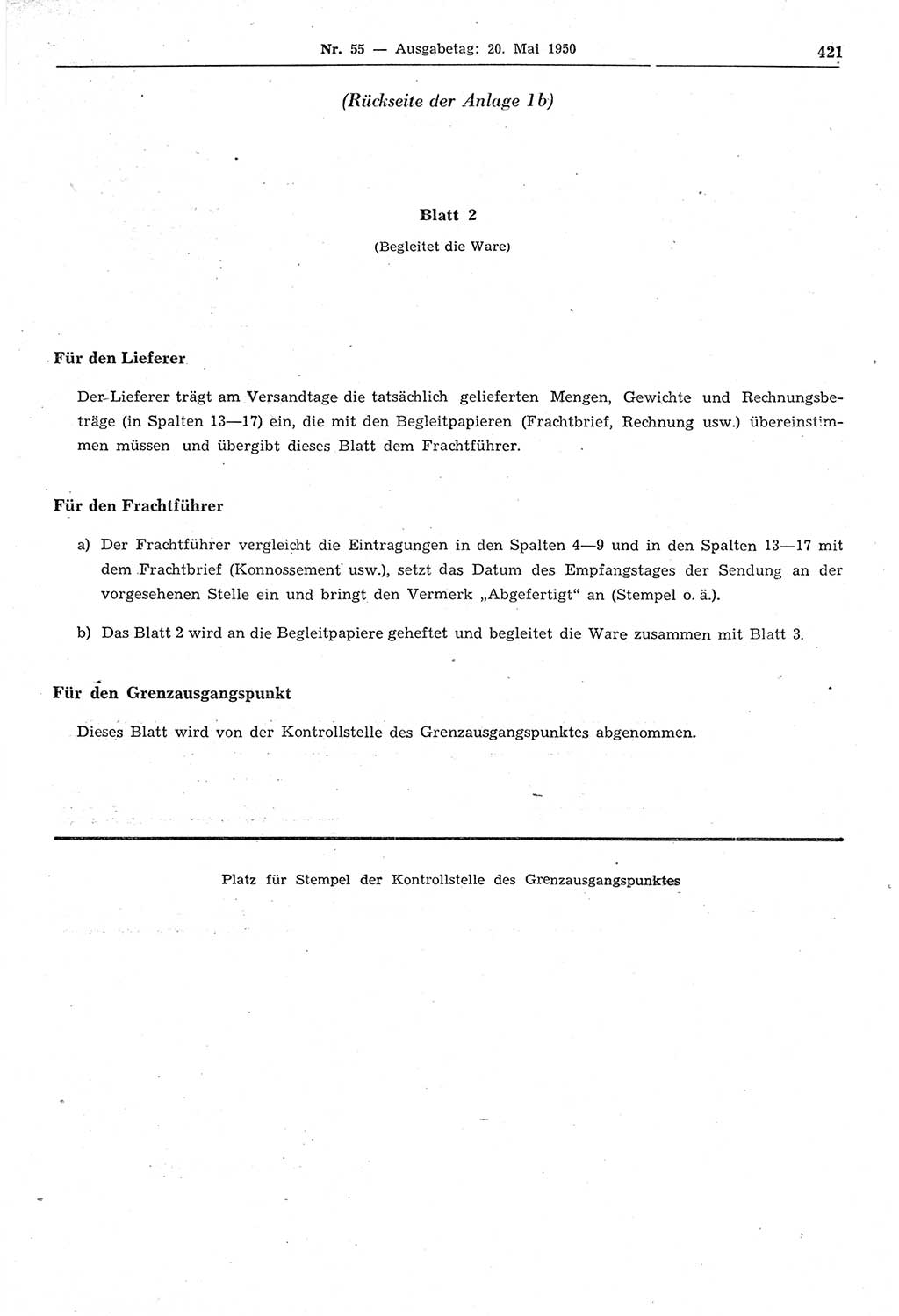 Gesetzblatt (GBl.) der Deutschen Demokratischen Republik (DDR) 1950, Seite 421 (GBl. DDR 1950, S. 421)
