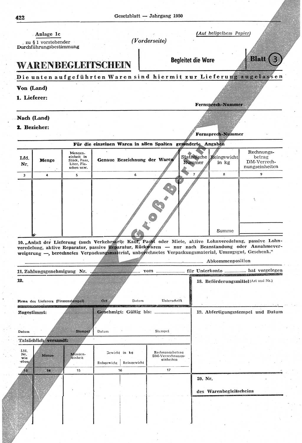 Gesetzblatt (GBl.) der Deutschen Demokratischen Republik (DDR) 1950, Seite 422 (GBl. DDR 1950, S. 422)