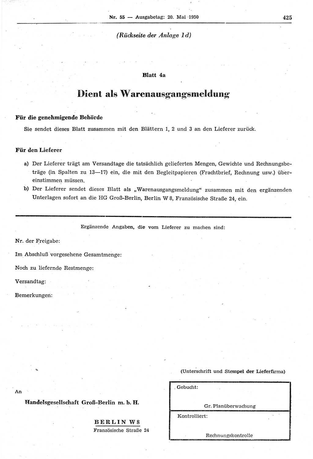 Gesetzblatt (GBl.) der Deutschen Demokratischen Republik (DDR) 1950, Seite 425 (GBl. DDR 1950, S. 425)