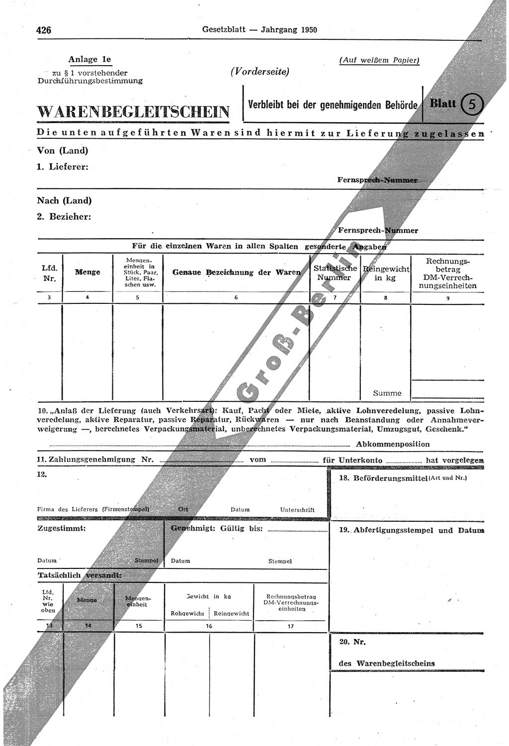 Gesetzblatt (GBl.) der Deutschen Demokratischen Republik (DDR) 1950, Seite 426 (GBl. DDR 1950, S. 426)