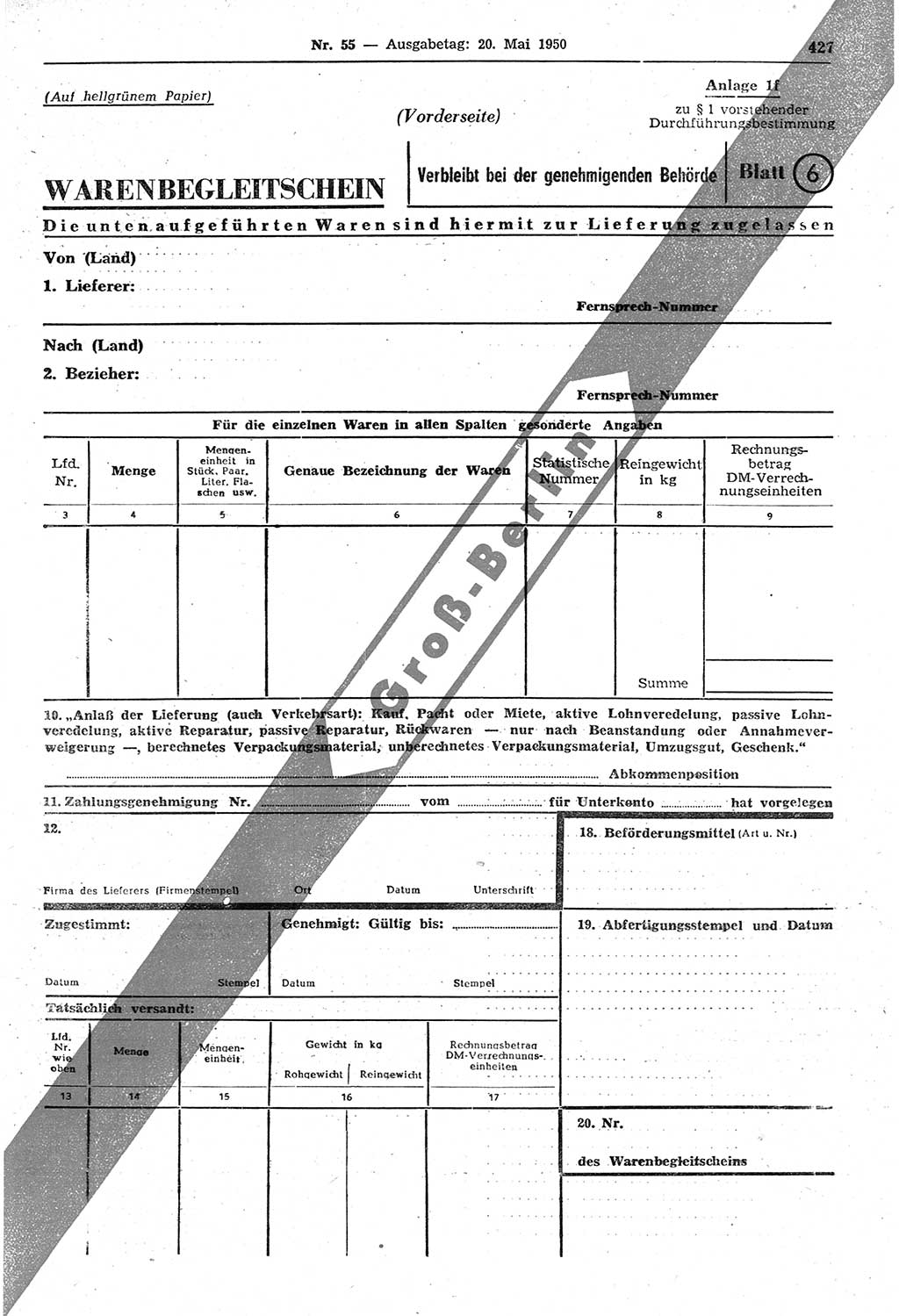 Gesetzblatt (GBl.) der Deutschen Demokratischen Republik (DDR) 1950, Seite 427 (GBl. DDR 1950, S. 427)