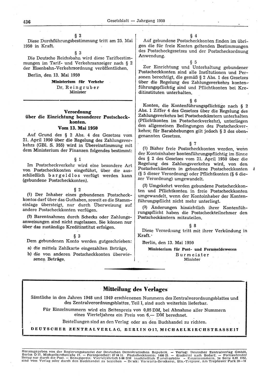 Gesetzblatt (GBl.) der Deutschen Demokratischen Republik (DDR) 1950, Seite 436 (GBl. DDR 1950, S. 436)