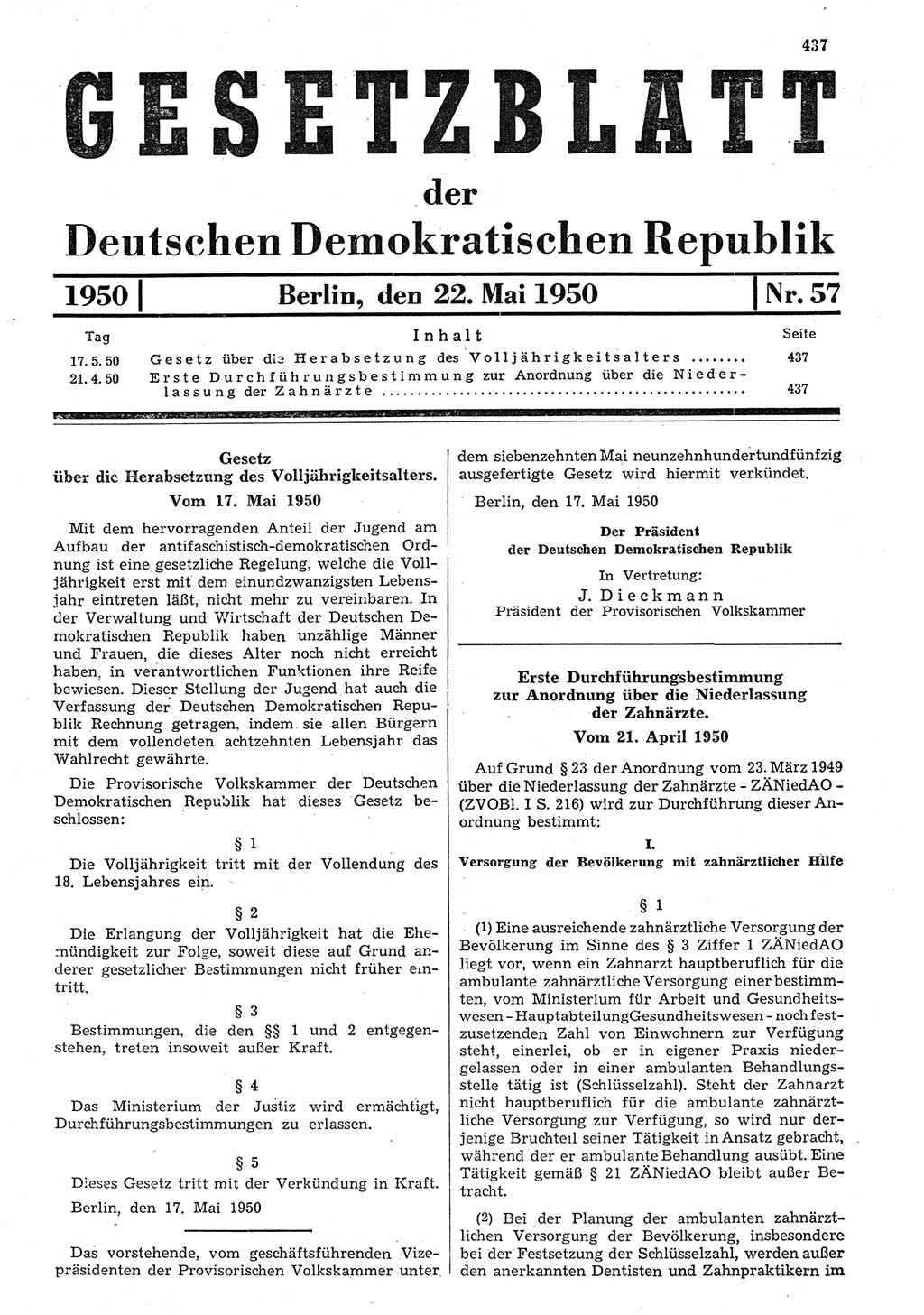 Gesetzblatt (GBl.) der Deutschen Demokratischen Republik (DDR) 1950, Seite 437 (GBl. DDR 1950, S. 437)