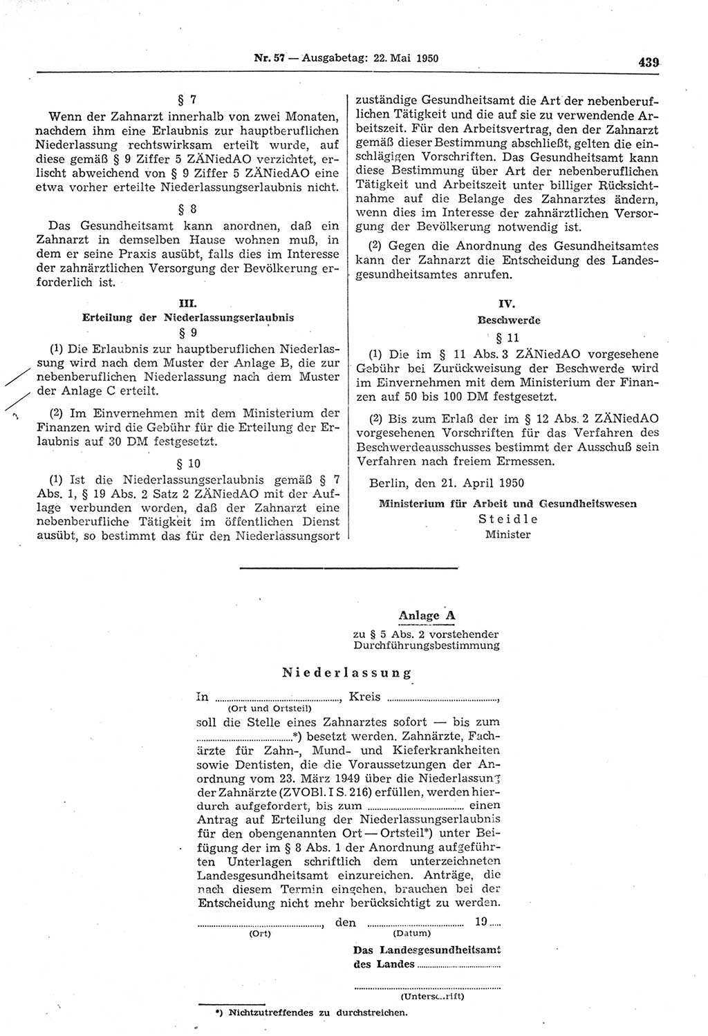Gesetzblatt (GBl.) der Deutschen Demokratischen Republik (DDR) 1950, Seite 439 (GBl. DDR 1950, S. 439)