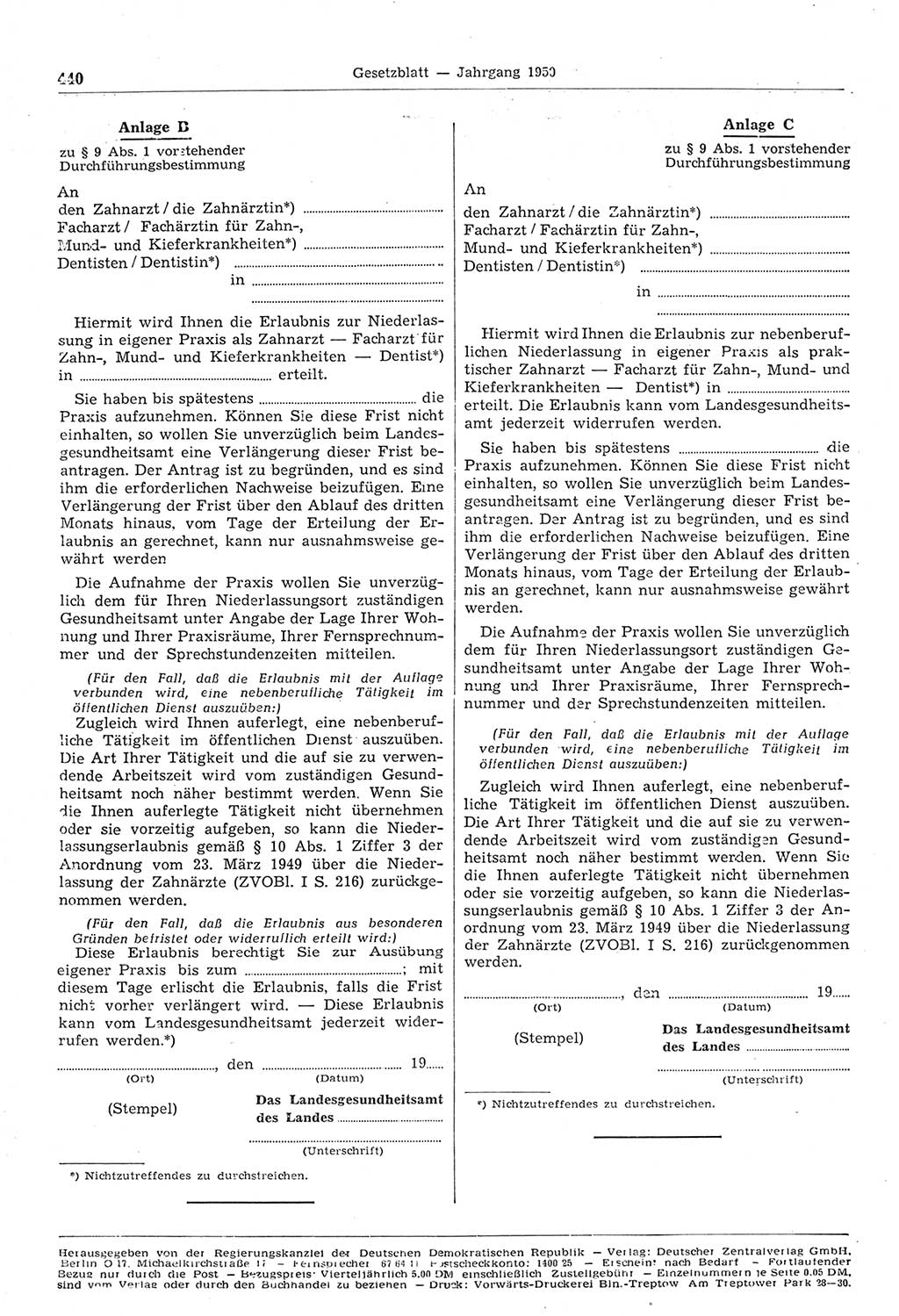 Gesetzblatt (GBl.) der Deutschen Demokratischen Republik (DDR) 1950, Seite 440 (GBl. DDR 1950, S. 440)