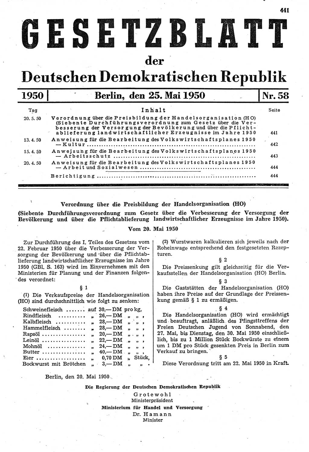 Gesetzblatt (GBl.) der Deutschen Demokratischen Republik (DDR) 1950, Seite 441 (GBl. DDR 1950, S. 441)
