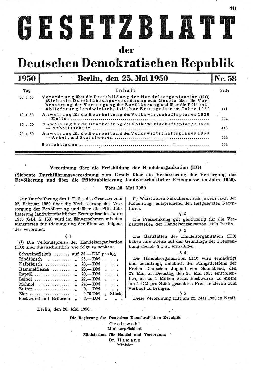 Gesetzblatt (GBl.) der Deutschen Demokratischen Republik (DDR) 1950, Seite 441 (GBl. DDR 1950, S. 441)