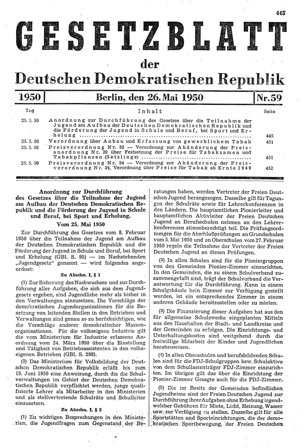 Gesetzblatt (GBl.) der Deutschen Demokratischen Republik (DDR) 1950, Seite 445 (GBl. DDR 1950, S. 445)