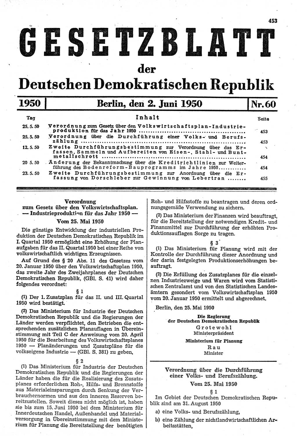Gesetzblatt (GBl.) der Deutschen Demokratischen Republik (DDR) 1950, Seite 453 (GBl. DDR 1950, S. 453)