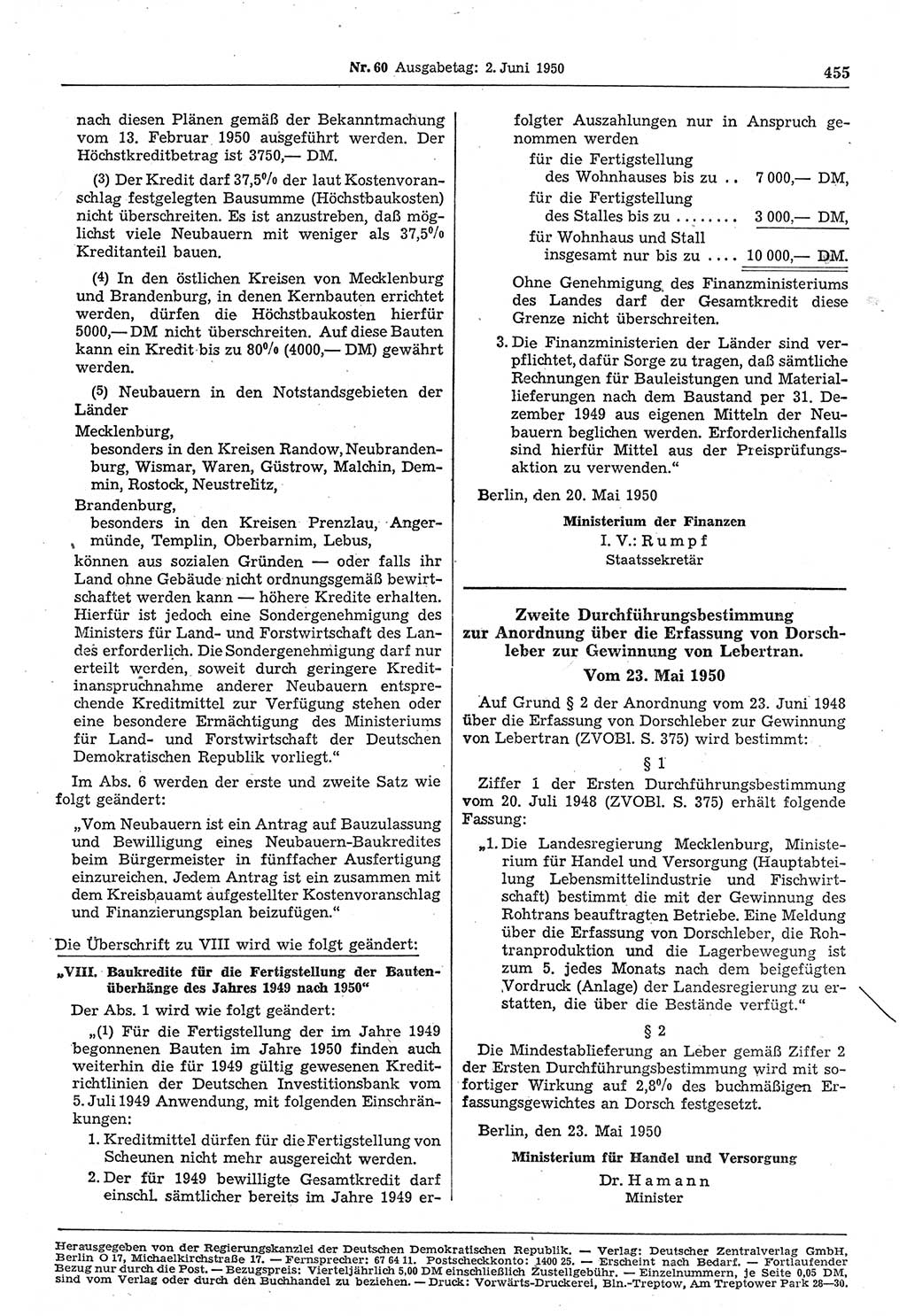Gesetzblatt (GBl.) der Deutschen Demokratischen Republik (DDR) 1950, Seite 455 (GBl. DDR 1950, S. 455)