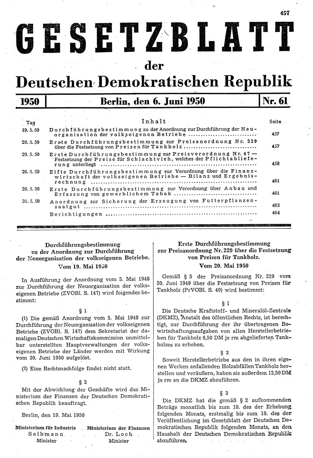 Gesetzblatt (GBl.) der Deutschen Demokratischen Republik (DDR) 1950, Seite 457 (GBl. DDR 1950, S. 457)