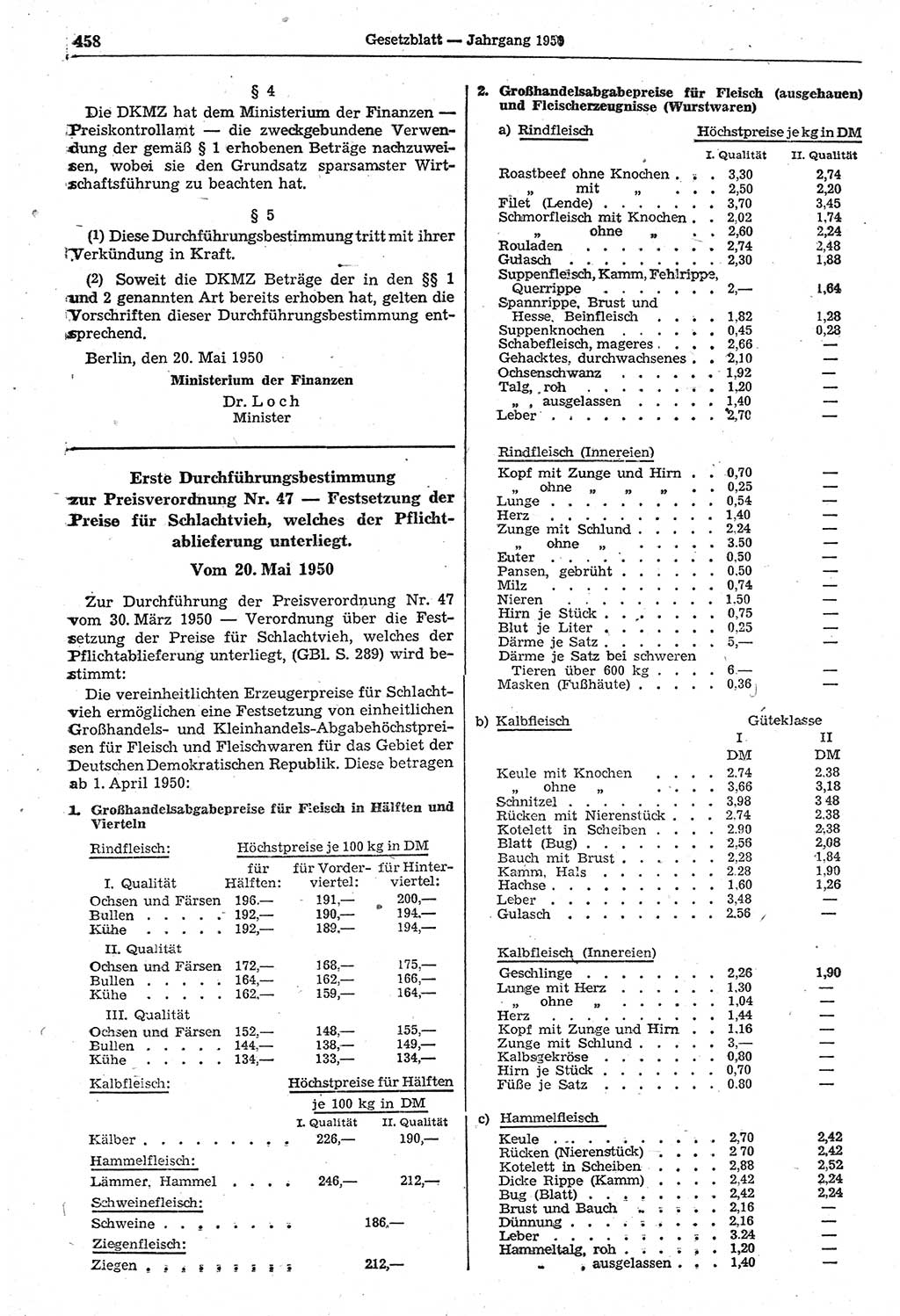Gesetzblatt (GBl.) der Deutschen Demokratischen Republik (DDR) 1950, Seite 458 (GBl. DDR 1950, S. 458)