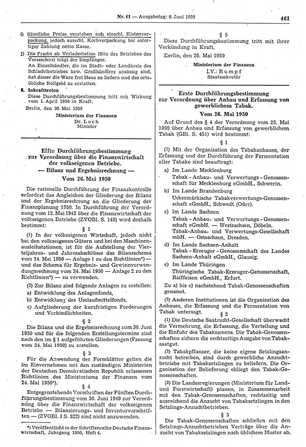 Gesetzblatt (GBl.) der Deutschen Demokratischen Republik (DDR) 1950, Seite 461 (GBl. DDR 1950, S. 461)