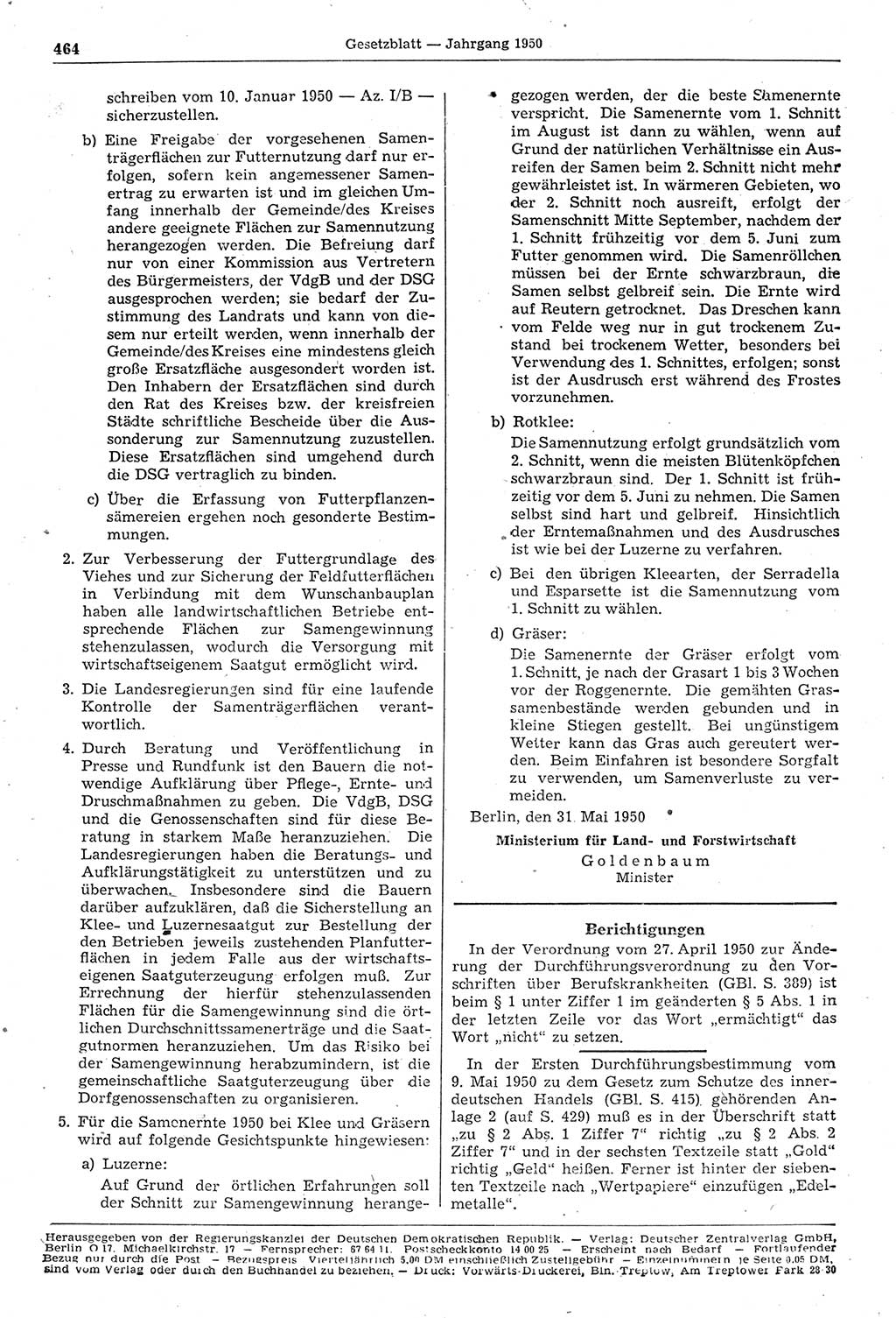 Gesetzblatt (GBl.) der Deutschen Demokratischen Republik (DDR) 1950, Seite 464 (GBl. DDR 1950, S. 464)
