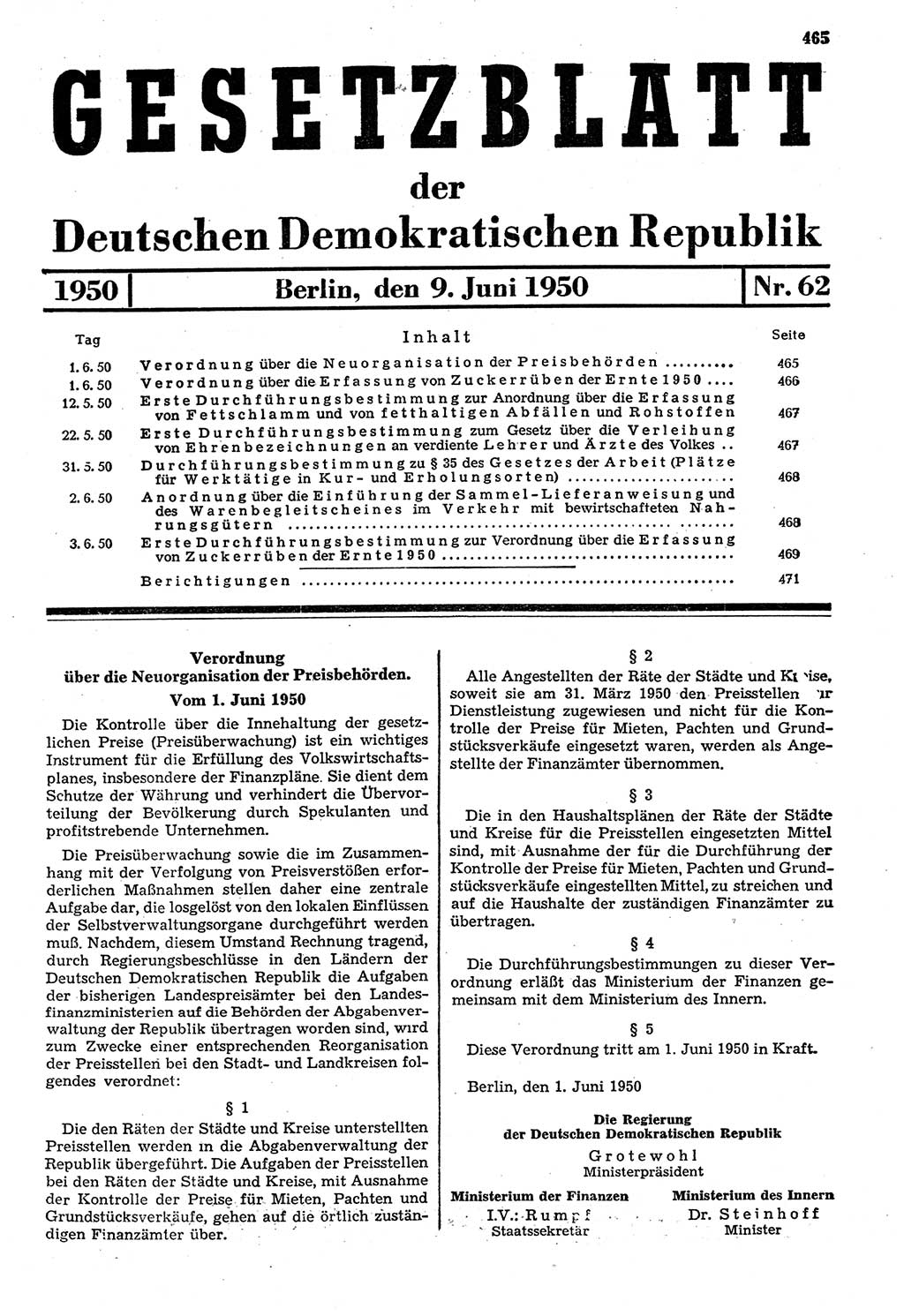 Gesetzblatt (GBl.) der Deutschen Demokratischen Republik (DDR) 1950, Seite 465 (GBl. DDR 1950, S. 465)