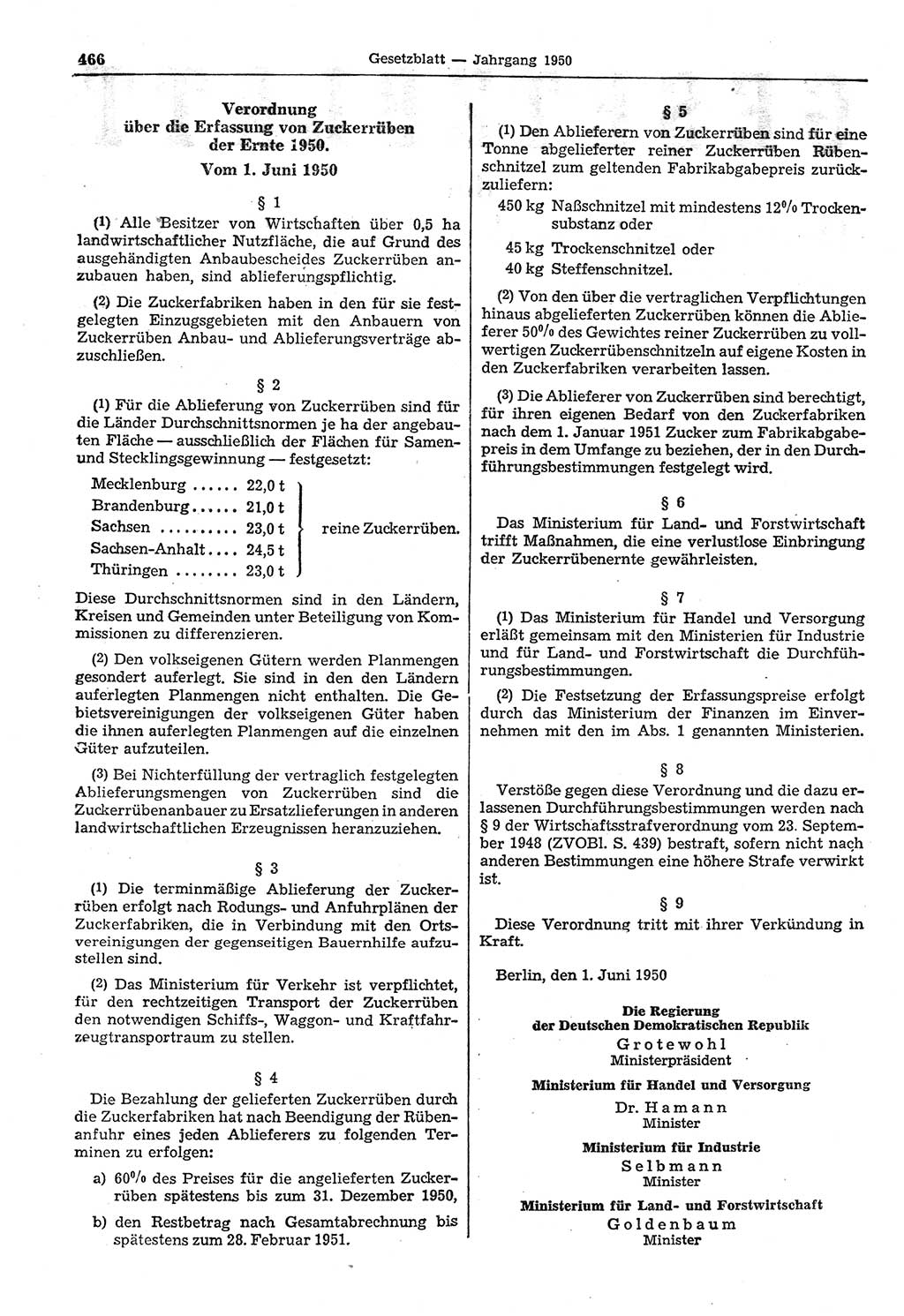 Gesetzblatt (GBl.) der Deutschen Demokratischen Republik (DDR) 1950, Seite 466 (GBl. DDR 1950, S. 466)