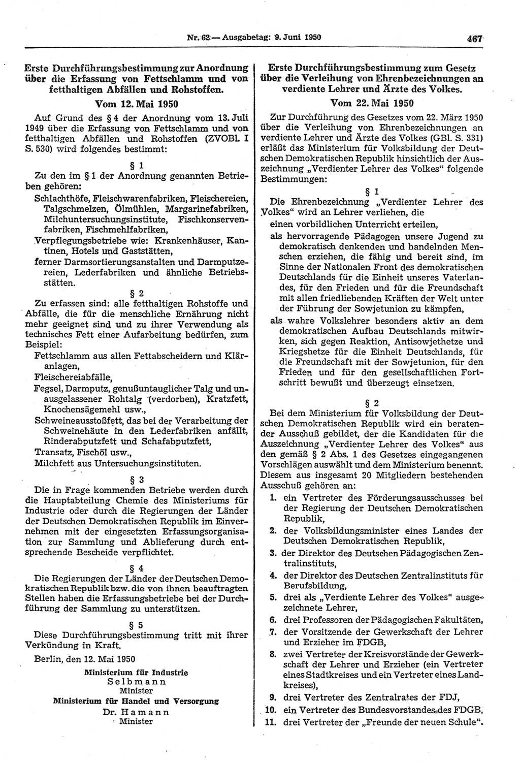 Gesetzblatt (GBl.) der Deutschen Demokratischen Republik (DDR) 1950, Seite 467 (GBl. DDR 1950, S. 467)