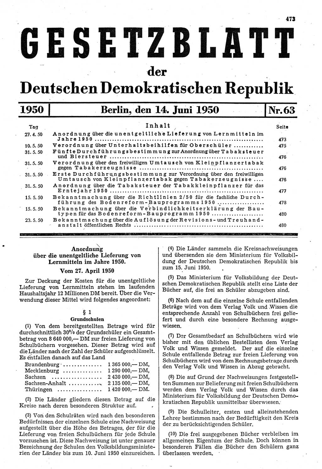 Gesetzblatt (GBl.) der Deutschen Demokratischen Republik (DDR) 1950, Seite 473 (GBl. DDR 1950, S. 473)
