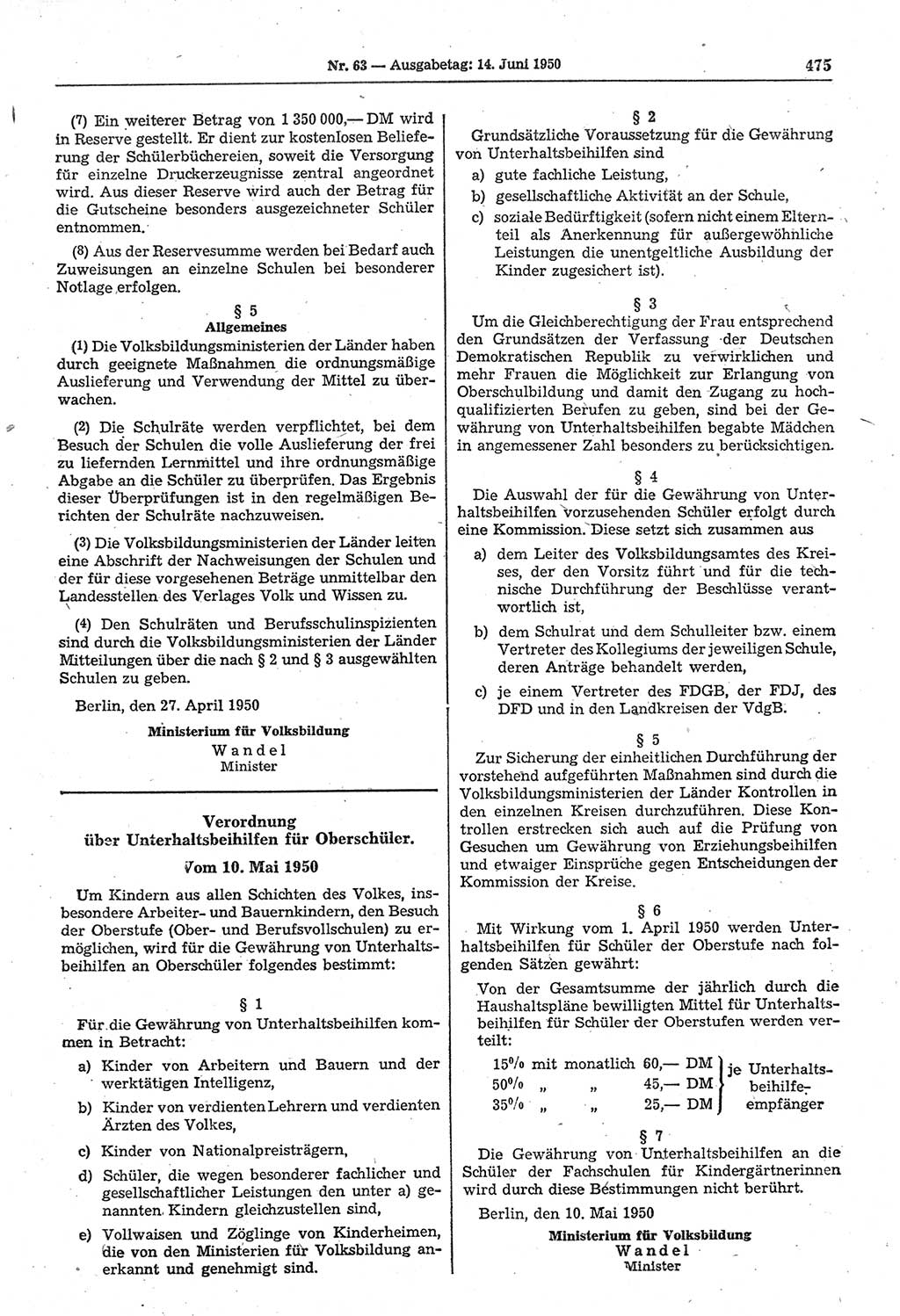 Gesetzblatt (GBl.) der Deutschen Demokratischen Republik (DDR) 1950, Seite 475 (GBl. DDR 1950, S. 475)