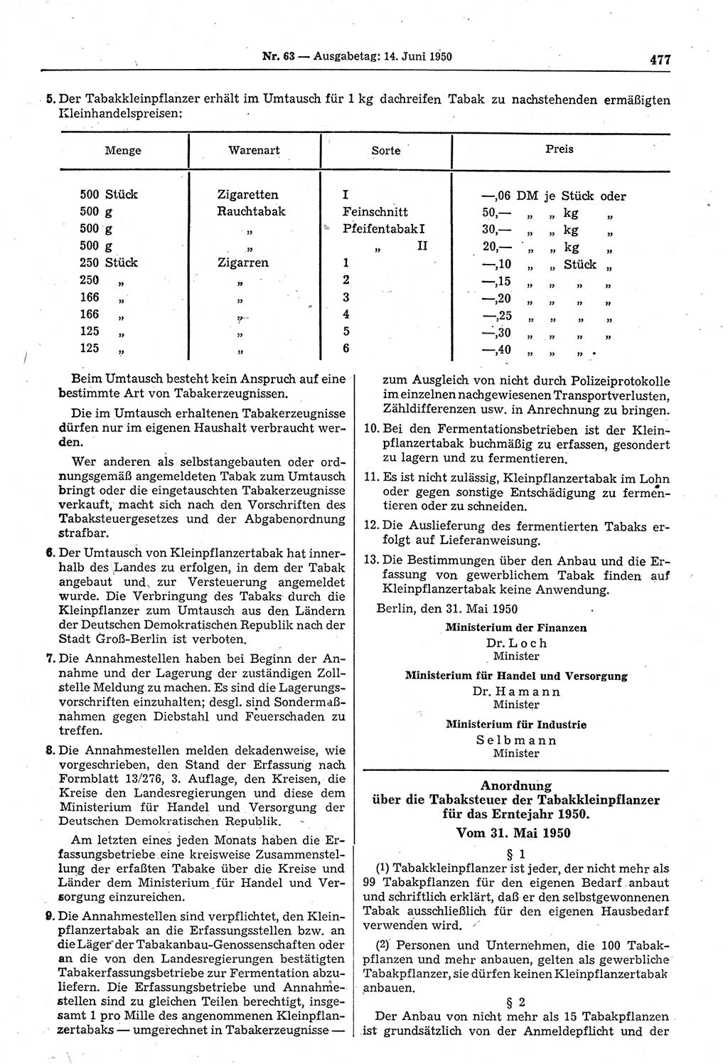 Gesetzblatt (GBl.) der Deutschen Demokratischen Republik (DDR) 1950, Seite 477 (GBl. DDR 1950, S. 477)