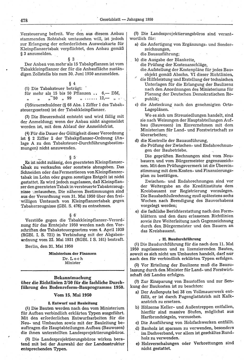 Gesetzblatt (GBl.) der Deutschen Demokratischen Republik (DDR) 1950, Seite 478 (GBl. DDR 1950, S. 478)
