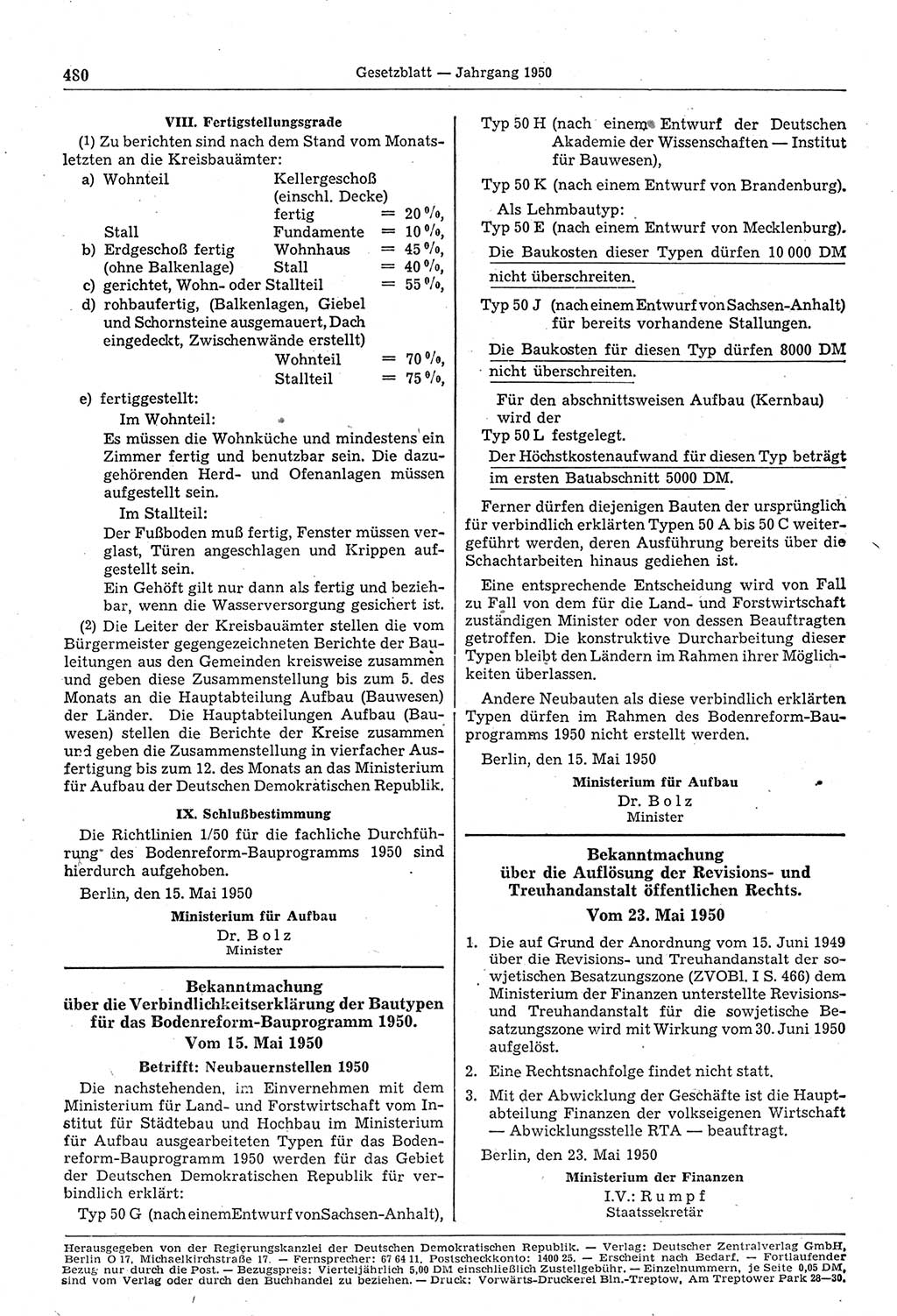 Gesetzblatt (GBl.) der Deutschen Demokratischen Republik (DDR) 1950, Seite 480 (GBl. DDR 1950, S. 480)